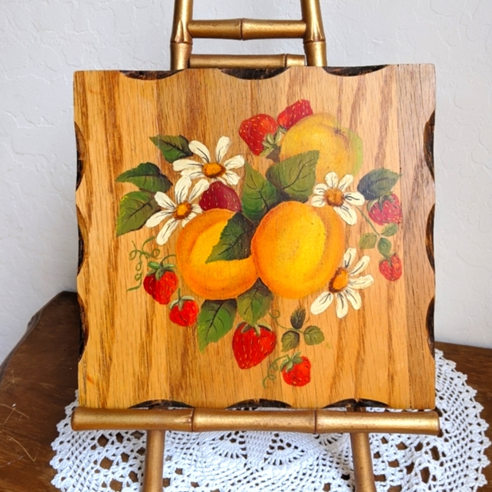 Vintage Original Painting Berries Peaches Summer Fruits on Wood Plaque Art